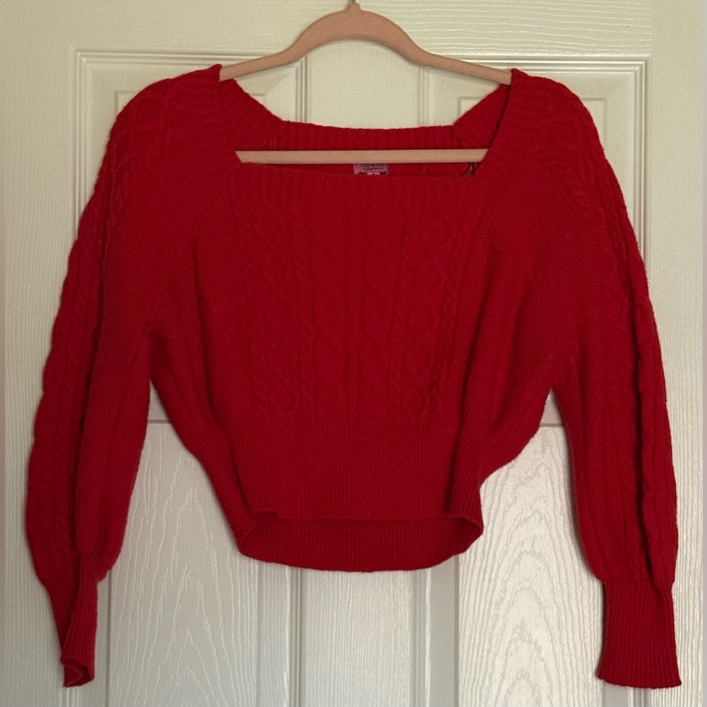 Francesca's Collections Red Off-Shoulder Cropped Cable Knit Sweater